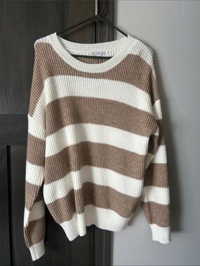 Michelle Mae Cream and Brown Wide-Stripe Crew Sweater